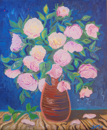 Painting titled "Roses in a Vase" by Kirsty Wain, Original Artwork, Oil Mounted on Wood Stretcher frame