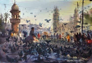 Painting titled "Feeding Pigeons at…" by Kishore Singh, Original Artwork, Watercolor
