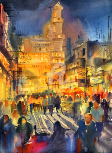 Malerei mit dem Titel "CHARMINAR NIGHT WAT…" von Kishore Singh, Original-Kunstwerk, Aquarell