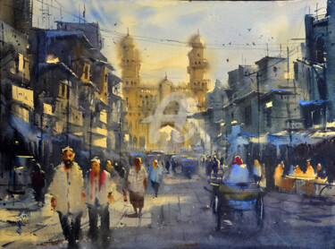 Картина под названием "Early morning Chram…" - Kishore Singh, Подлинное произведение искусства, Акварель