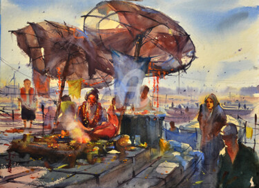 「Ghat of Varanasi_03」というタイトルの絵画 Kishore Singhによって, オリジナルのアートワーク, 水彩画