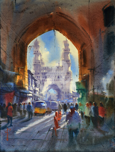 Картина под названием "Early morning Chram…" - Kishore Singh, Подлинное произведение искусства, Акварель