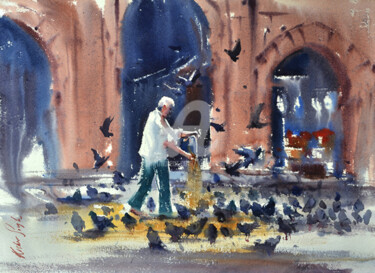 Painting titled "pigeon-feeding-moja…" by Kishore Singh, Original Artwork, Watercolor