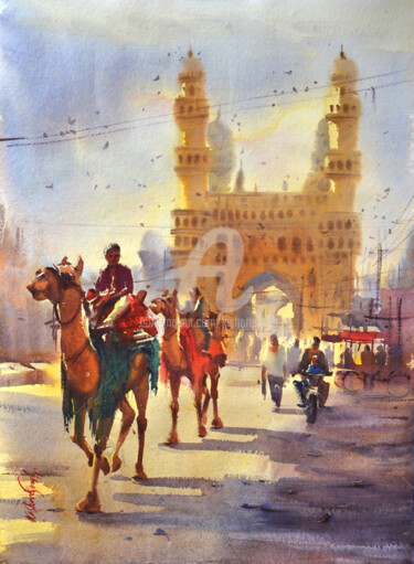 Pittura intitolato "camel near the Char…" da Kishore Singh, Opera d'arte originale, Acquarello