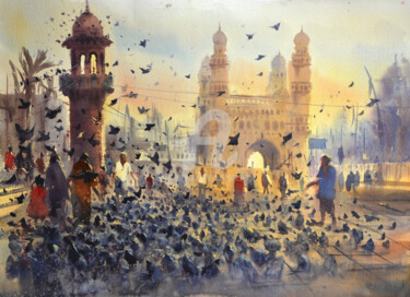 Painting titled "feeding pigeons." by Kishore Singh, Original Artwork, Watercolor