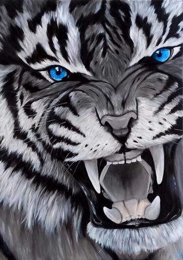 Картина под названием "Eyes of tiger" - Klowè, Подлинное произведение искусства, Акрил Установлен на Деревянная рама для нос…