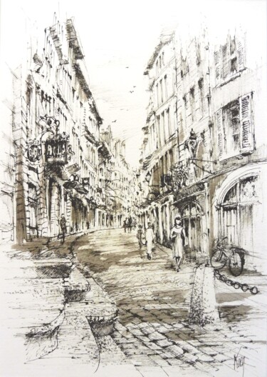 Desenho intitulada "Genève Grand'Rue" por Koen De Weerdt, Obras de arte originais, Tinta Montado em Outro painel rígido