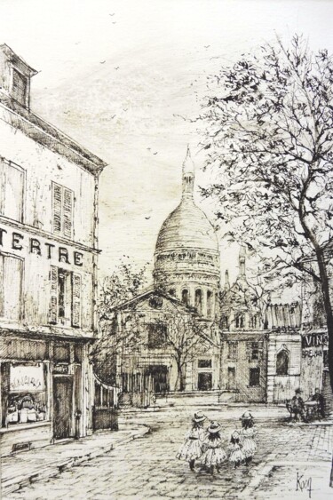 Rysunek zatytułowany „La Place du Tertre” autorstwa Koen De Weerdt, Oryginalna praca, Atrament