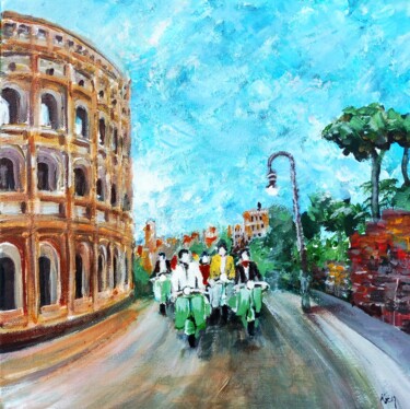 Painting titled "Vespas à Rome" by Koen De Weerdt, Original Artwork, Acrylic Mounted on Wood Stretcher frame