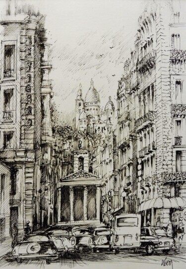 Disegno intitolato "Paris la rue Laffit…" da Koen De Weerdt, Opera d'arte originale, Inchiostro