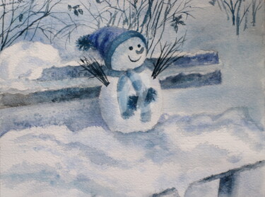 Painting titled "snowman" by Alla, Original Artwork, Watercolor