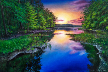 Peinture intitulée "Закат на озере" par Nadezhda Knyazeva, Œuvre d'art originale, Huile