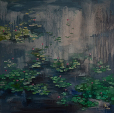 Painting titled "Lily pond. Petrichor" by Zhanna Kondratenko, Original Artwork, Oil Mounted on Wood Stretcher frame