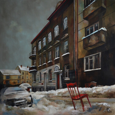 Painting titled "Red Chair" by Zhanna Kondratenko, Original Artwork, Oil Mounted on Wood Stretcher frame