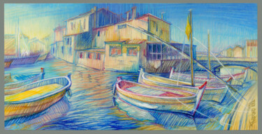 Ζωγραφική με τίτλο "Barques de Pêche au…" από Konoko, Αυθεντικά έργα τέχνης, Λάδι Τοποθετήθηκε στο Ξύλινο πάνελ