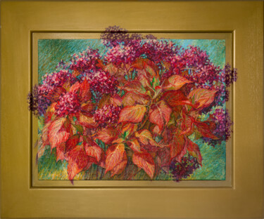 Peinture intitulée "HORTENSIA AUTOMNAL" par Konoko, Œuvre d'art originale, Huile Monté sur Panneau de bois