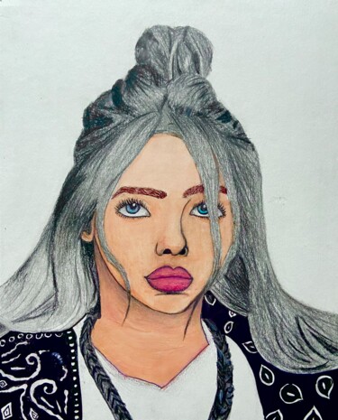 Drawing titled "Billie Eilish B&W" by Evangelina, Original Artwork, Pencil