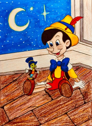 Painting titled "Pinocchio & Jiminy…" by Evangelina, Original Artwork, Acrylic