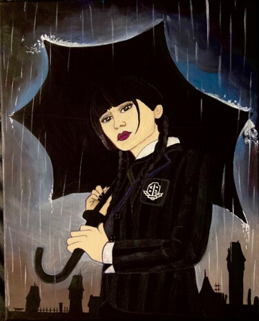 Painting titled "Wendy in the rain ☔️…" by Evangelina, Original Artwork, Acrylic Mounted on Wood Stretcher frame