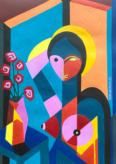 Painting titled "Woman with Red Rose…" by Koola Adams, Original Artwork, Acrylic