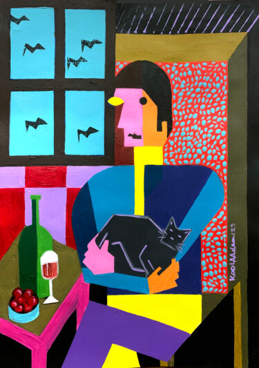 Pittura intitolato "Man with Cat" da Koola Adams, Opera d'arte originale, Acrilico