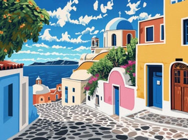 Painting titled "Greek island street" by Kosta Morr, Original Artwork, Acrylic Mounted on Wood Stretcher frame