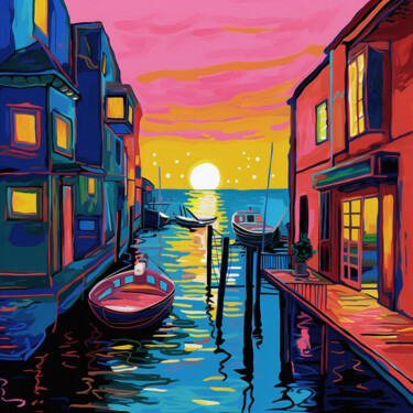 Painting titled "Fishing village" by Kosta Morr, Original Artwork, Acrylic Mounted on Wood Stretcher frame