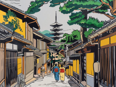 Painting titled "Street of old Kyoto" by Kosta Morr, Original Artwork, Acrylic Mounted on Wood Stretcher frame