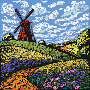 Painting titled "Windmill and flowers" by Kosta Morr, Original Artwork, Acrylic Mounted on Wood Stretcher frame