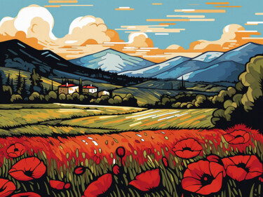 Painting titled "Poppies among wheat" by Kosta Morr, Original Artwork, Acrylic Mounted on Wood Stretcher frame