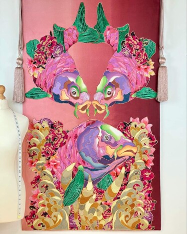 Textielkunst getiteld "Pink carp" door Kostyantin Malginov, Origineel Kunstwerk, String Art