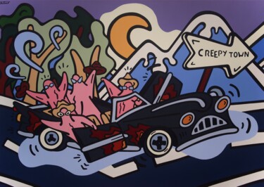 Schilderij getiteld "HighWay to CreepyTo…" door Kotsuno, Origineel Kunstwerk, Acryl Gemonteerd op Frame voor houten brancard