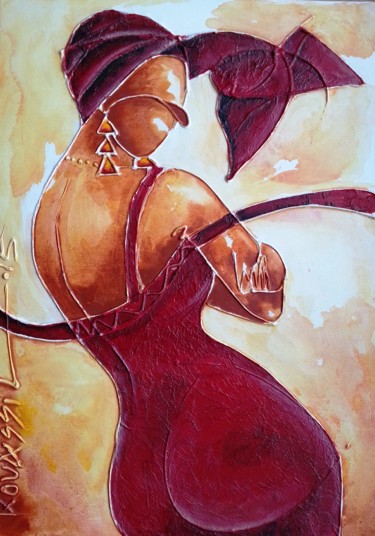 Peinture intitulée "Le foulard rouge" par Ludovic Kouassi, Œuvre d'art originale