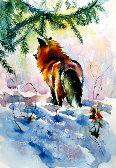 Картина под названием "Red fox watching wi…" - Anna Brigitta Kovacs (KAB), Подлинное произведение искусства, Акварель