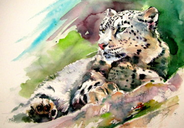 Malerei mit dem Titel "Snow leopard" von Anna Brigitta Kovacs (KAB), Original-Kunstwerk, Aquarell