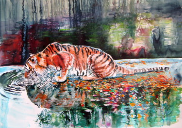 Peinture intitulée "Drinking tiger" par Anna Brigitta Kovacs (KAB), Œuvre d'art originale, Aquarelle