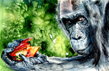 Peinture intitulée "Chimpanzee eating" par Anna Brigitta Kovacs (KAB), Œuvre d'art originale, Aquarelle