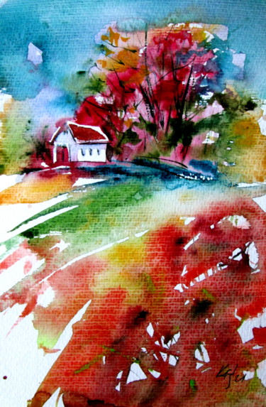 Картина под названием "House alone at fall" - Anna Brigitta Kovacs (KAB), Подлинное произведение искусства, Акварель