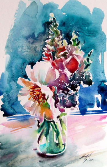 Painting titled "Flowers from the ga…" by Anna Brigitta Kovacs (KAB), Original Artwork, Watercolor