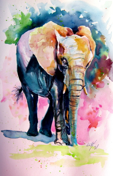 Картина под названием "Elephant alone" - Anna Brigitta Kovacs (KAB), Подлинное произведение искусства, Акварель