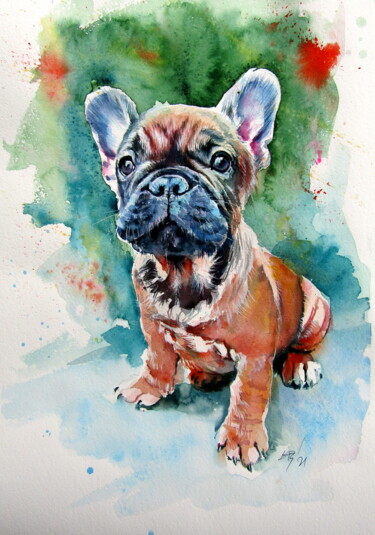 Pintura intitulada "French buldog puppy" por Anna Brigitta Kovacs (KAB), Obras de arte originais, Aquarela