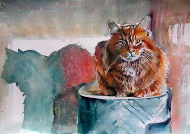 Pintura intitulada "Cat resting at night" por Anna Brigitta Kovacs (KAB), Obras de arte originais, Aquarela