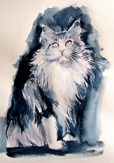 Pintura intitulada "Sitting cat" por Anna Brigitta Kovacs (KAB), Obras de arte originais, Aquarela