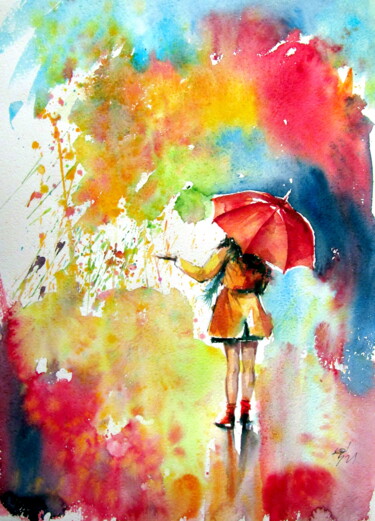 Painting titled "Colorful rain with…" by Anna Brigitta Kovacs (KAB), Original Artwork, Watercolor