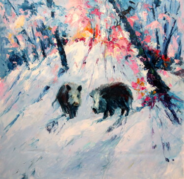 Peinture intitulée "Boars in the snow" par Anna Brigitta Kovacs (KAB), Œuvre d'art originale, Huile