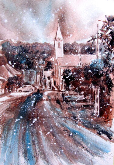 Pintura intitulada "My little town at s…" por Anna Brigitta Kovacs (KAB), Obras de arte originais, Aquarela