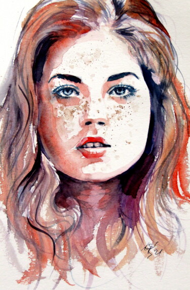 Painting titled "Beauty freckled girl" by Anna Brigitta Kovacs (KAB), Original Artwork, Watercolor