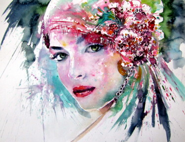 Pittura intitolato "Beauty with flowers…" da Anna Brigitta Kovacs (KAB), Opera d'arte originale, Acquarello