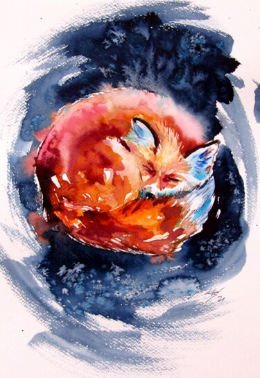 Painting titled "Sleeping red fox" by Anna Brigitta Kovacs (KAB), Original Artwork, Watercolor