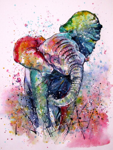 Pintura intitulada "Playful elephant" por Anna Brigitta Kovacs (KAB), Obras de arte originais, Aquarela